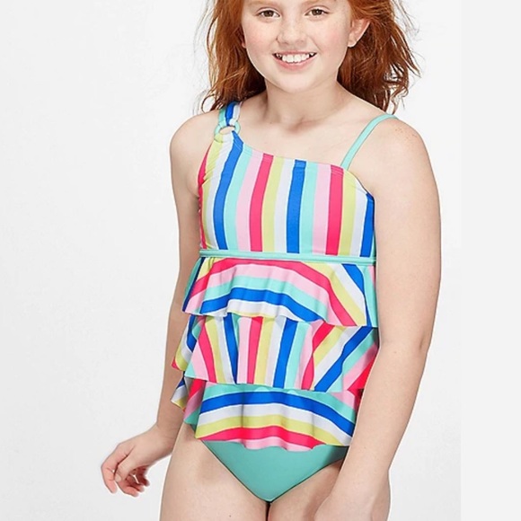 rainbow stripe one shoulder tiered tankini swim - Picture 1 of 2